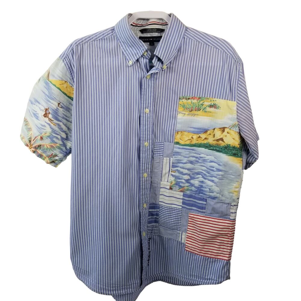 Tommy Hilfiger Blue White Yellow Surfer Beachy Vintage Patchwork Shirt Size L